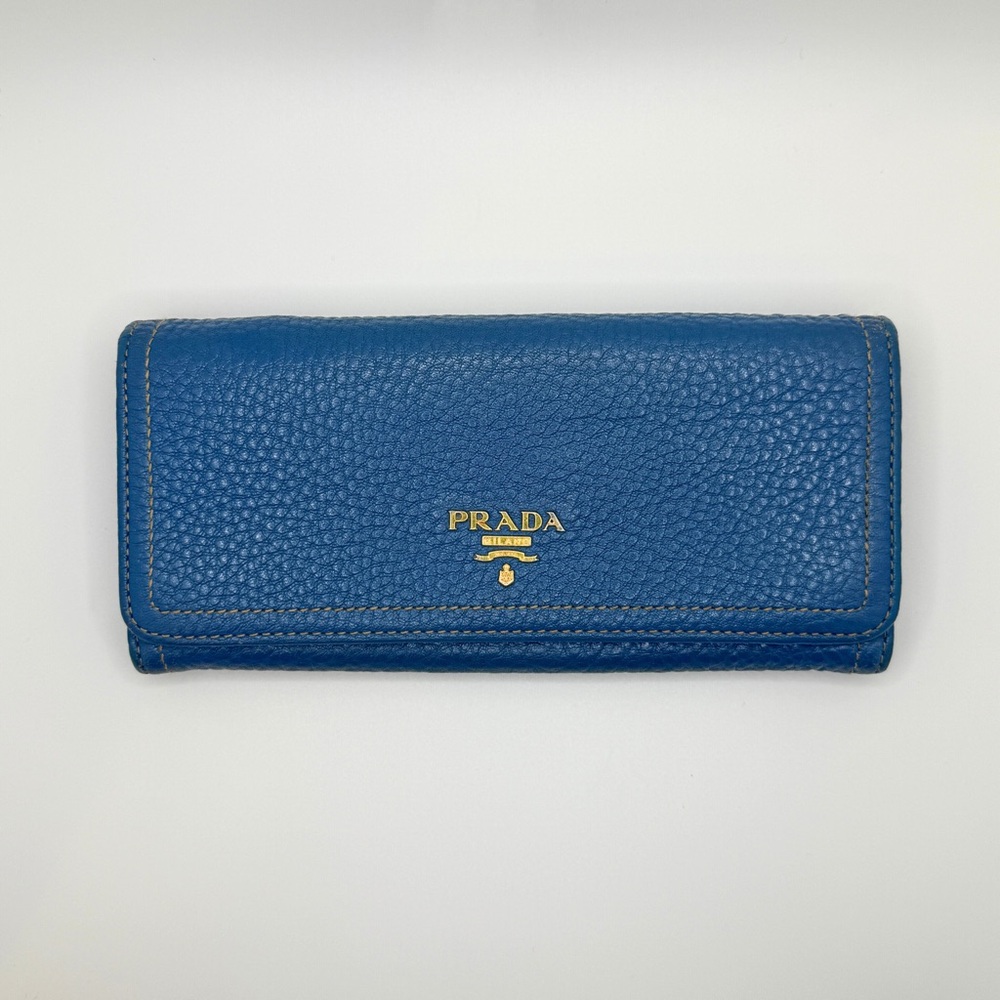 Prada Continental Flap Long Wallet in Blue Pebbled Leather